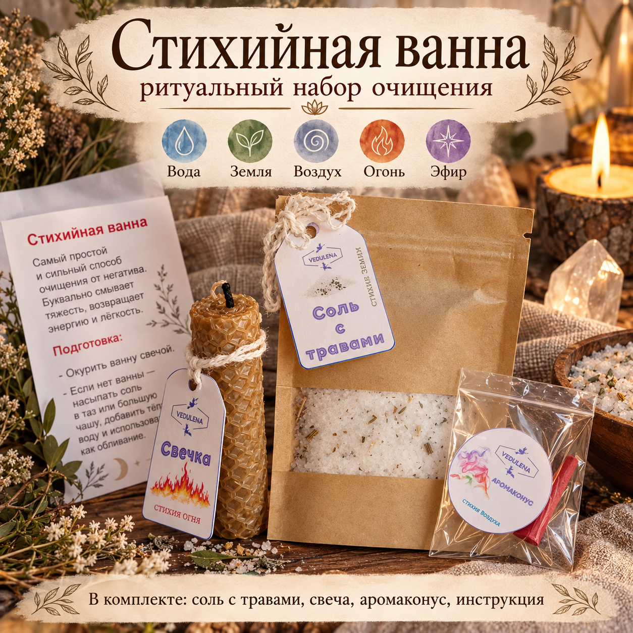 «Стихийная ванна» — ритуальный набор для очищения пятью стихиями
