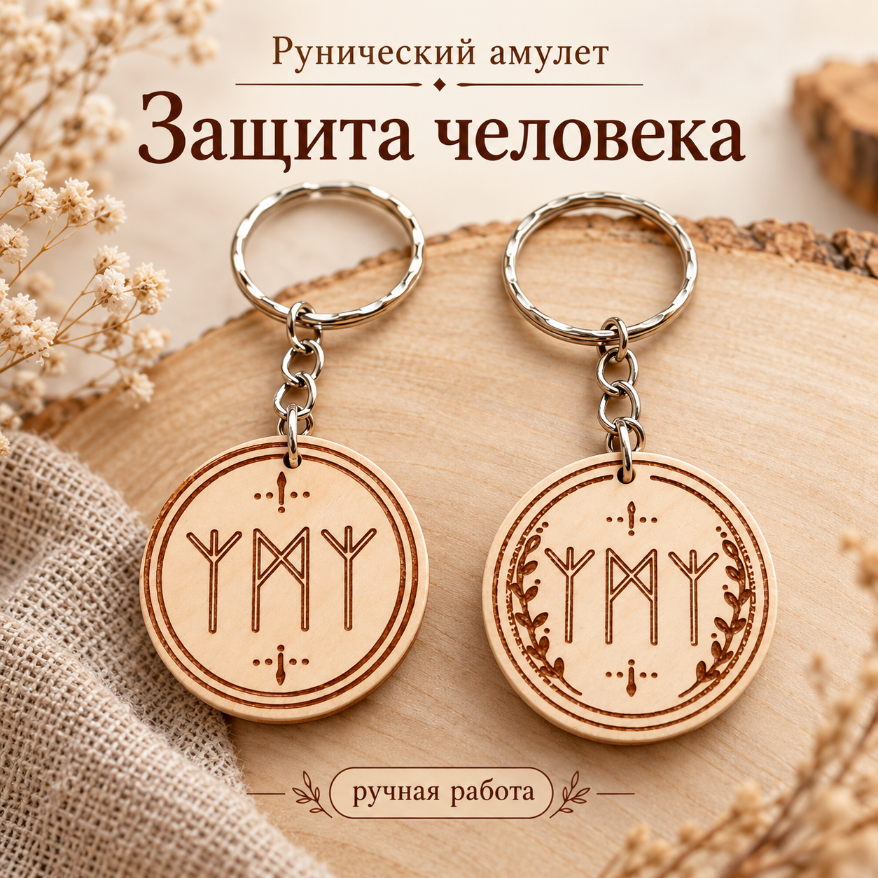 Рунический амулет «Защита человека» — деревянный брелок